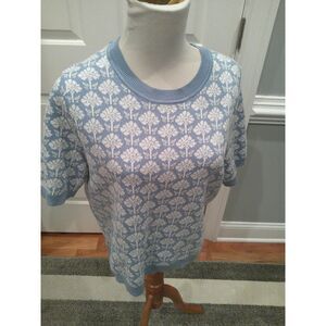 NWT Adrianna Papell Short Sleeve Blue Jacquard Pattern Sweater Size Medium